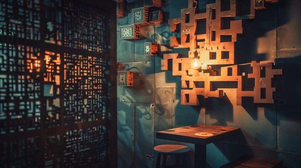 a dimly lit, atmospheric escape room filled with mysterious puzzles and locked boxes invites adventure, showcasing intricate designs and shadows that enhance the sense of adventure.