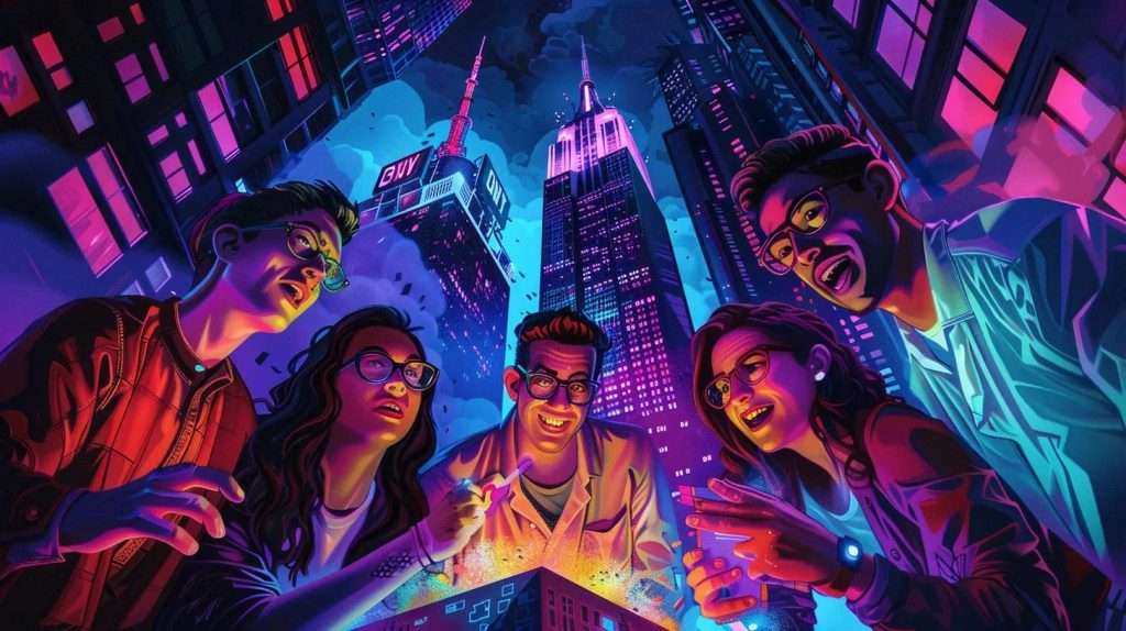 a vibrant digital illustration captures a group of excited friends engaged in an exhilarating online escape room adventure, surrounded by colorful clues and puzzles set against a backdrop of iconic new york city landmarks, inviting viewers to immerse themselves in the thrill of the experience.