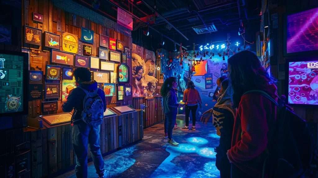 a vibrant, immersive scene of a virtual escape room in new york city, showcasing participants engaged in a thrilling, challenging puzzle with colorful thematic decorations and dramatic lighting that enhances the sense of adventure.