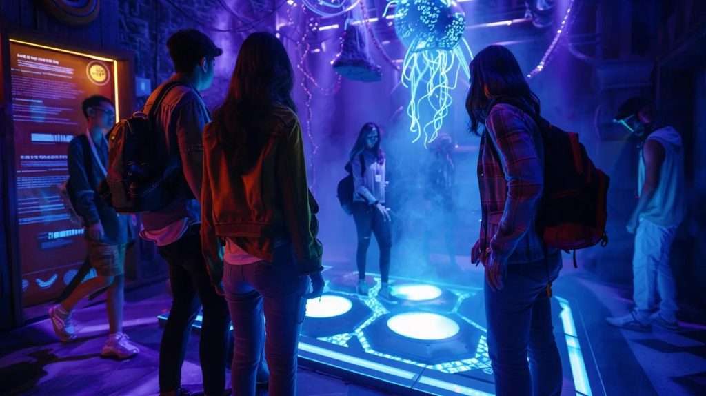 a vibrant online escape room scene filled with excited participants engaging in a thrilling virtual adventure, illuminated by dynamic lighting that highlights the interactive elements of the game.