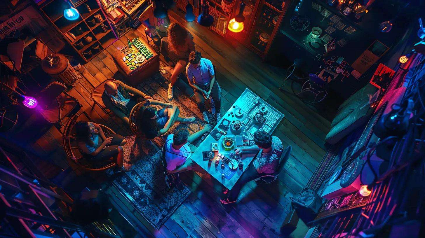 a vibrant scene of friends immersed in a thrilling escape room challenge, surrounded by intricate puzzles and mysterious props, illuminated by dramatic lighting that enhances the excitement and camaraderie.