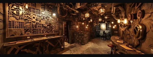 a captivating escape room filled with intricate puzzles and enigmatic decor invites adventurous participants to unravel its mysteries, illuminated by atmospheric lighting that enhances the excitement of discovery.
