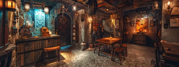 a captivating interior of a top escape room, featuring intricate puzzles and mysterious decor illuminated by atmospheric lighting, inviting viewers to immerse themselves in a thrilling adventure.