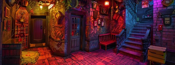 a captivating themed escape room filled with intricate, immersive decorations and vibrant colors, creating an adventurous atmosphere that invites exploration and teamwork.
