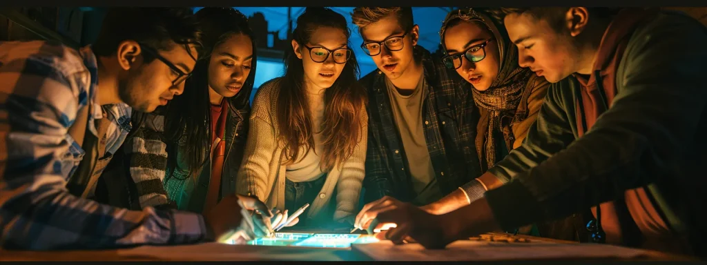 a diverse group of enthusiastic friends, strategizing intensely in a dimly lit escape room filled with intricate puzzles and clues, embodies the spirit of teamwork and collaboration.