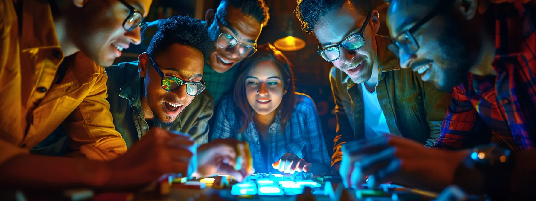 a diverse group of enthusiastic colleagues collaborates energetically in a dimly lit escape room, surrounded by intricate puzzles and mysterious artifacts that evoke a sense of adventure and teamwork.
