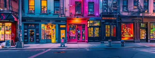 a vibrant, bustling manhattan street scene filled with colorful escape room storefronts, showcasing intricate and themed facades that invite adventurers to explore their mysteries.