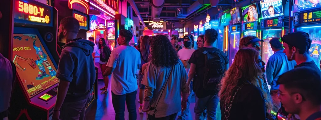 a vibrant, bustling new york city street filled with eager adventurers sharing excited expressions as they discover various themed escape room entrances, illuminated by colorful neon lights.