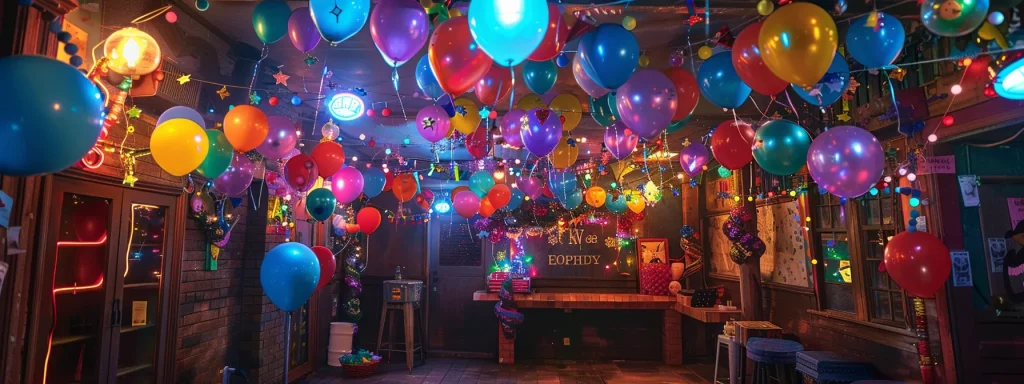 a vibrant escape room filled with thematic decorations for a lively birthday celebration, featuring colorful balloons and playful props under dynamic lighting that captures the joy and excitement of the occasion.