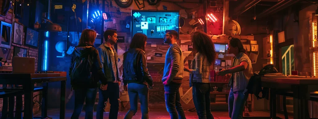 a vibrant scene depicting a diverse group of individuals enthusiastically solving a thrilling mystery in an immersive escape room, illuminated by dramatic lighting that enhances the sense of adventure and collaboration.