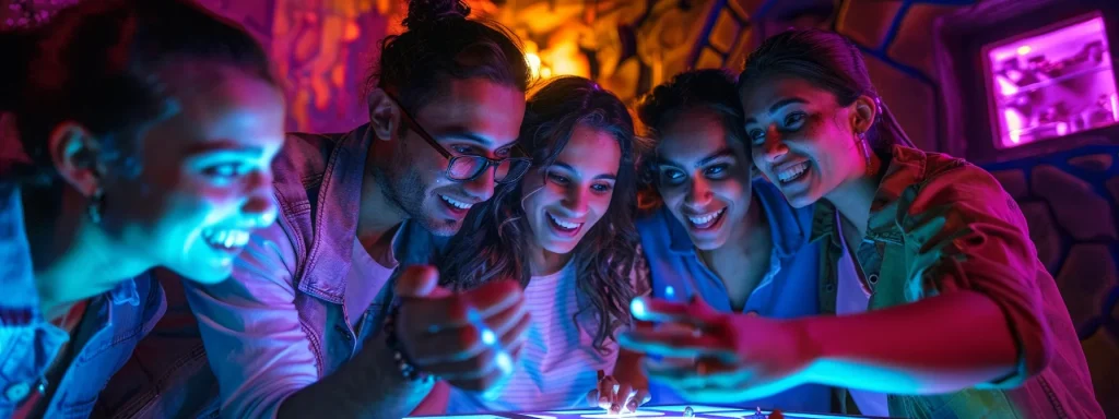a vibrant scene showcasing a group of excited friends enthusiastically collaborating in a dimly lit, themed escape room adorned with intricate puzzles and mysterious artifacts, all captured with dramatic lighting to enhance the atmosphere of adventure.
