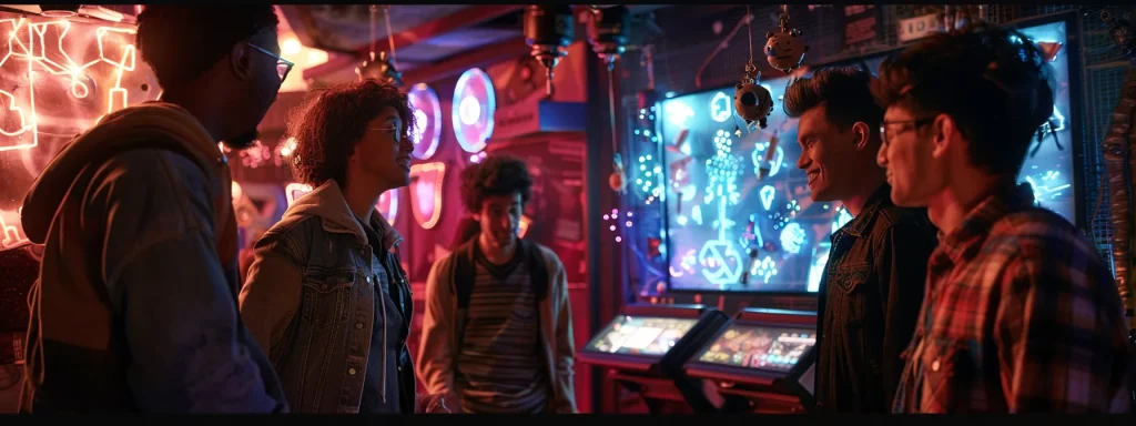 a dynamic escape room scene captures a game master enthusiastically guiding a diverse group of participants, surrounded by intricate puzzles and immersive props in a dimly lit, themed environment.