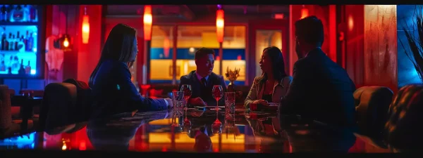 a dynamic team engaged in solving puzzles within a sleek, immersive manhattan escape room, illuminated by dramatic lighting and featuring intricate, themed decor that enhances the excitement of collaboration.