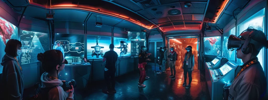 a futuristic, high-tech escape room bustling with a diverse group of engaged participants immersed in interactive virtual reality challenges and collaborative problem-solving.