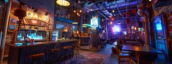 a lively urban escape room setting, filled with an eclectic array of mysterious props and immersive decor, beckoning groups of friends to engage in an exhilarating adventure.