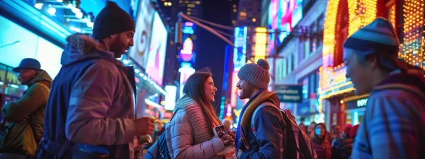 a vibrant, bustling manhattan street scene at dusk showcases a group of excited friends eagerly discussing their recent escape room adventure against a backdrop of illuminated skyscrapers and colorful storefronts.