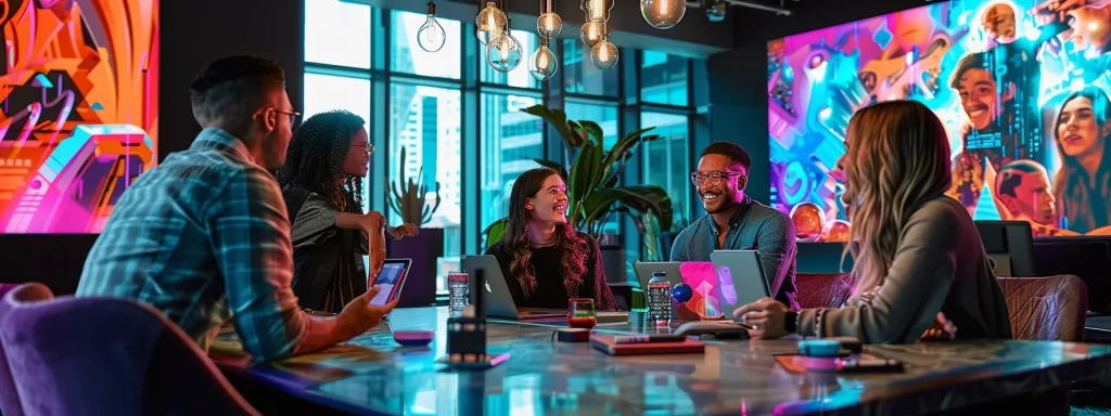 a vibrant conference room in a sleek manhattan office showcases a diverse team engaged in an intense, collaborative discussion, surrounded by escape room-themed decor that sparks creativity and camaraderie.