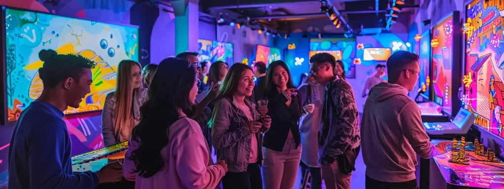 a vibrant scene inside a themed escape room captures a diverse group of engaged employees enthusiastically collaborating to solve intricate puzzles, with colorful decorations highlighting the immersive environment that fosters teamwork and camaraderie.