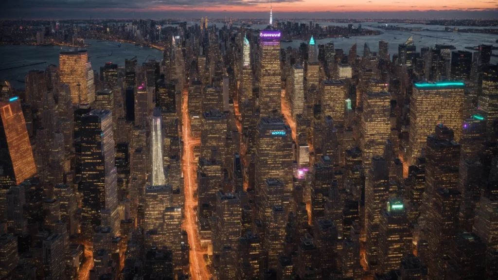 a dynamic cityscape of manhattan featuring vibrant escape rooms adorned with culturally themed designs, illuminated by bright neon lights, bustling with diverse groups of enthusiastic participants, all against the backdrop of iconic skyscrapers under a twilight sky.