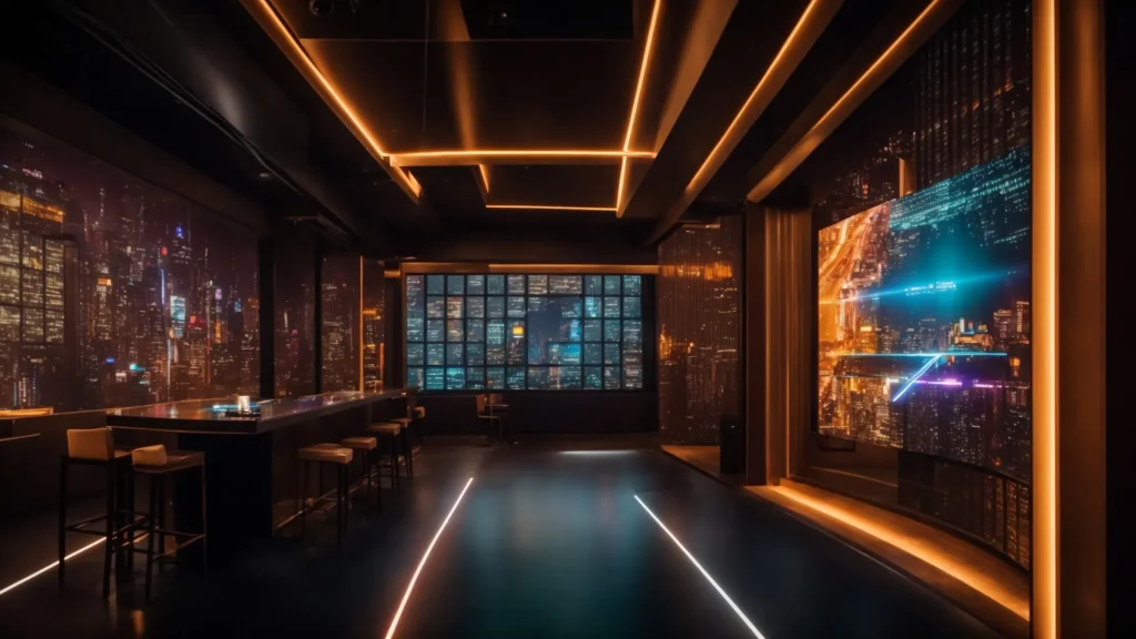 a futuristic manhattan escape room, vividly illuminated with immersive led displays and high-tech puzzles, invites diverse participants to engage in an exhilarating adventure amid an urban backdrop.