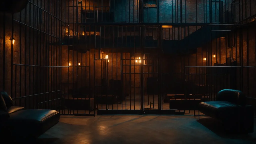 a vibrant, immersive escape room in manhattan showcases a dramatic prison setting with intricate puzzles, intense lighting, and a group of engaged participants strategizing for their thrilling escape.