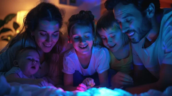 family interactive activity escape room, whole family puzzled but with a fun look on their face