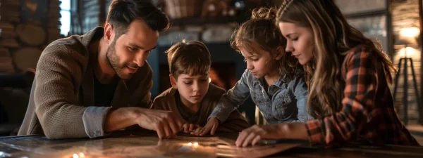 an photo realistic image of a family figuring out an escape room