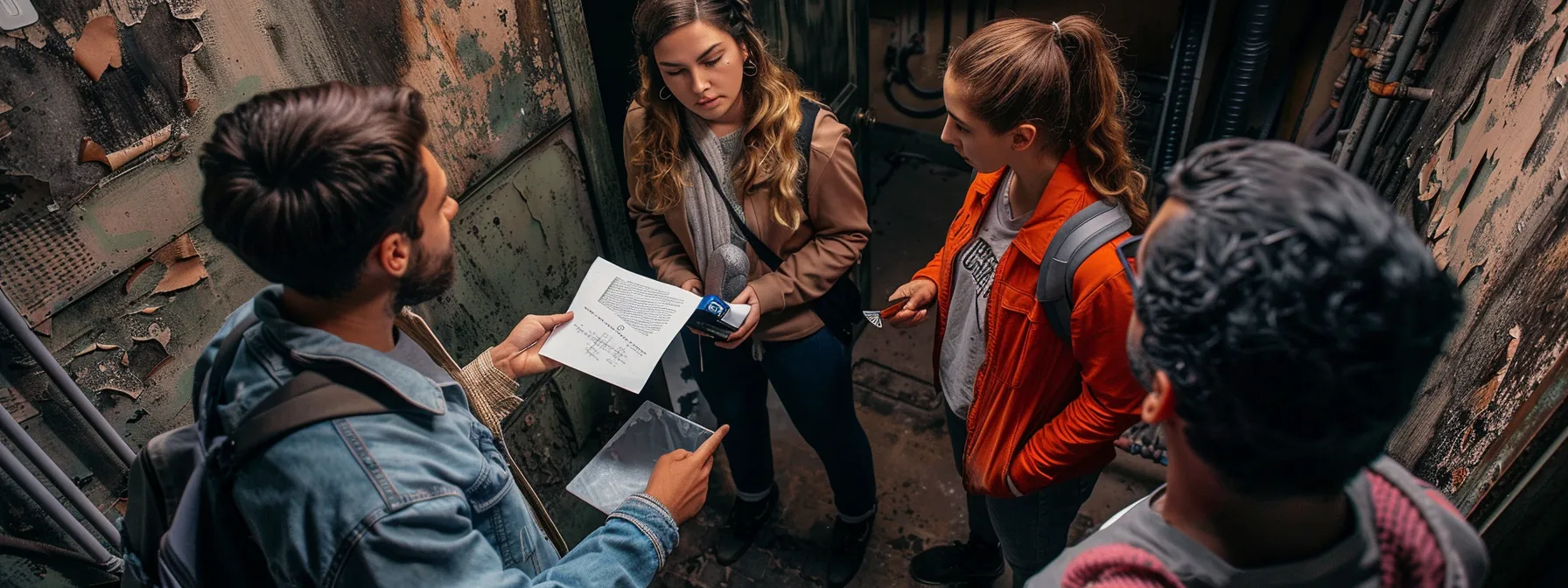 a group of people strategizing for an escape room experience