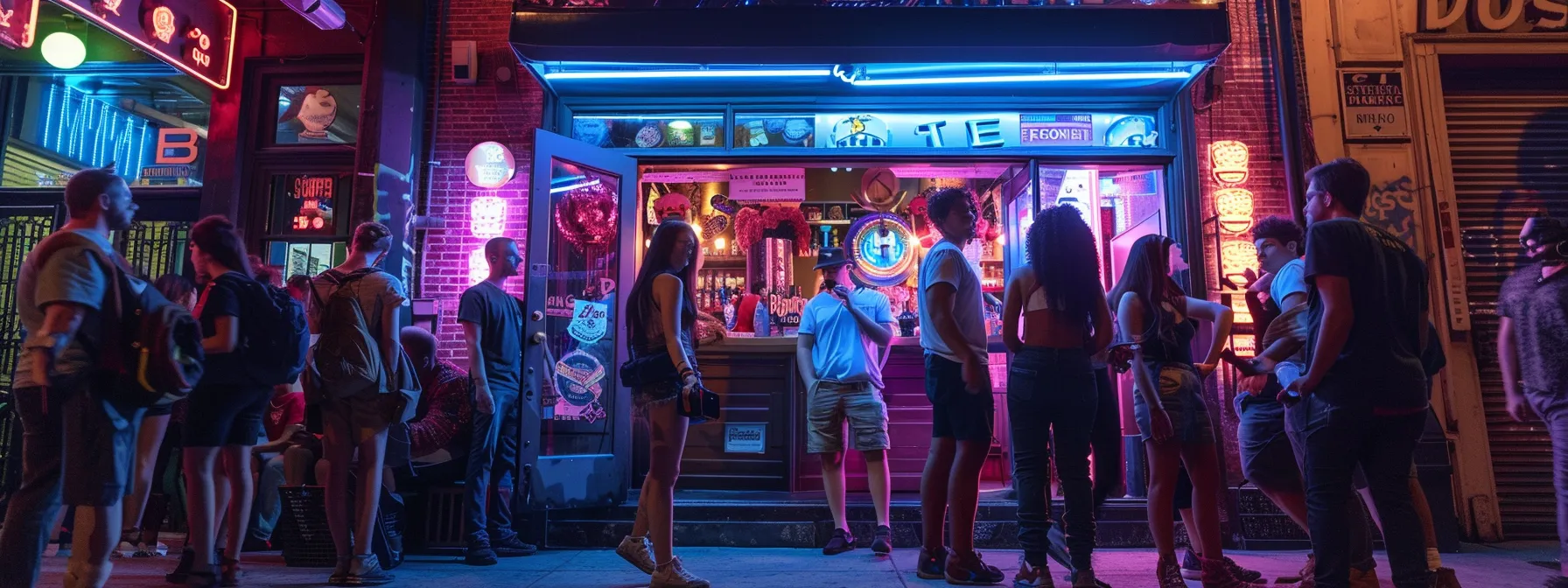 a bustling new york city street scene captures a diverse group of excited friends standing outside a vibrant escape room venue, illuminated by neon lights and adorned with intriguing thematic decorations that hint at adventure and mystery.