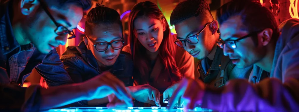 a dynamic group of participants huddles together in a stylish, dimly-lit nyc escape room, deeply engaged in strategizing as they tackle intricate puzzles illuminated by vibrant neon clues.