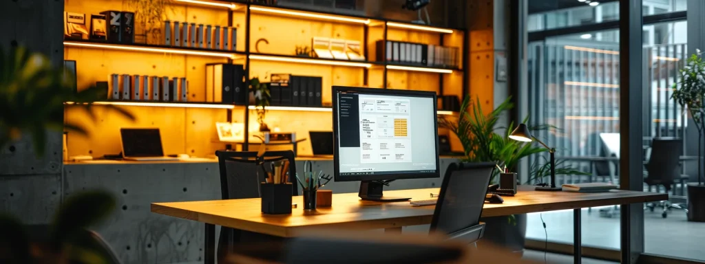 a modern office space features a sleek computer screen displaying an engaging booking platform interface for an nyc escape room, illuminated by warm artificial lighting that highlights the innovative technology and dynamic user experience.