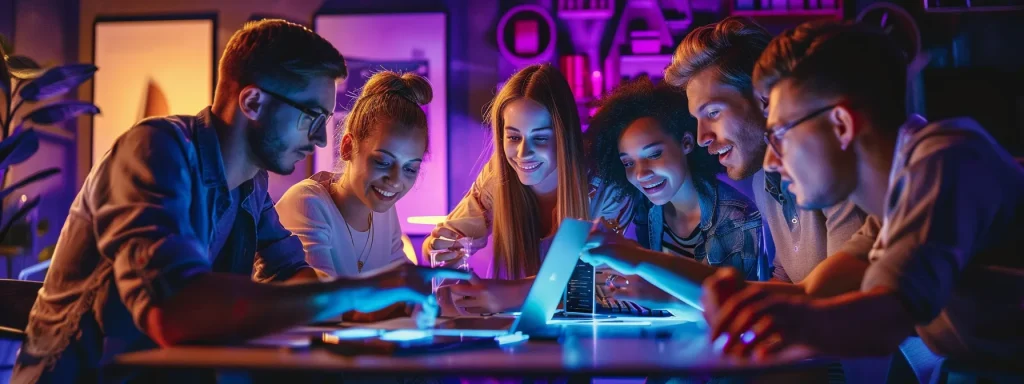 a vibrant and dynamic scene portrays a group of excited friends gathered around a sleek, modern table in an urban escape room, animatedly discussing their online booking experience on a digital tablet, with intriguing room designs creatively hinted in the background.