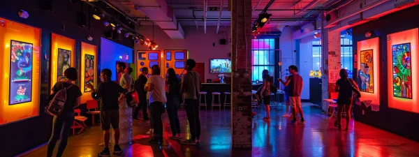 a vibrant escape room in nyc filled with engaged participants solving puzzles amidst dynamic lighting and immersive decorations, contrasting with a dull conference room setup for traditional team-building activities in the background.
