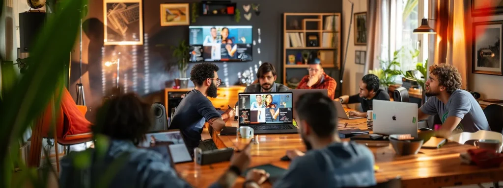 a vibrant, modern home office is bustling with excitement, showcasing a diverse group of people gathered around laptops and digital devices, enthusiastically discussing strategies and sharing tips for their upcoming online escape room adventure.